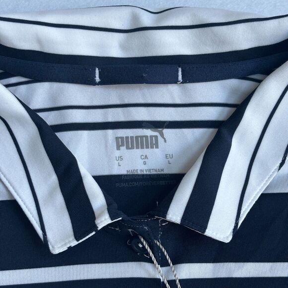 Puma Cloudspun Ribbon Polo Shirt Women's L Navy White Stripe Golf Wicking Preppy - Picture 3 of 8